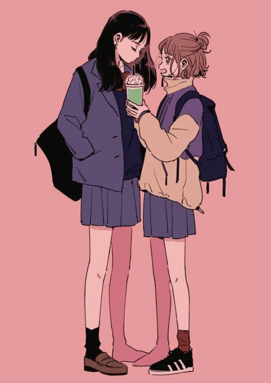 手機 桌布 壁紙 — 兩個穿著校服的動漫女孩在柔和的粉紅色背景下分享飲料。