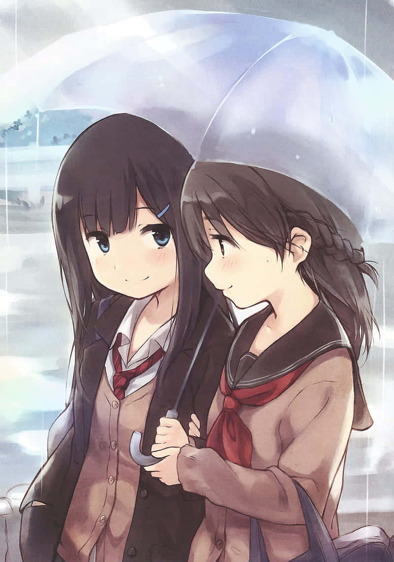桌布 壁紙 — 兩個穿著校服的動漫女孩在柔和的雨中共用一把透明雨傘，色調柔和粉彩。