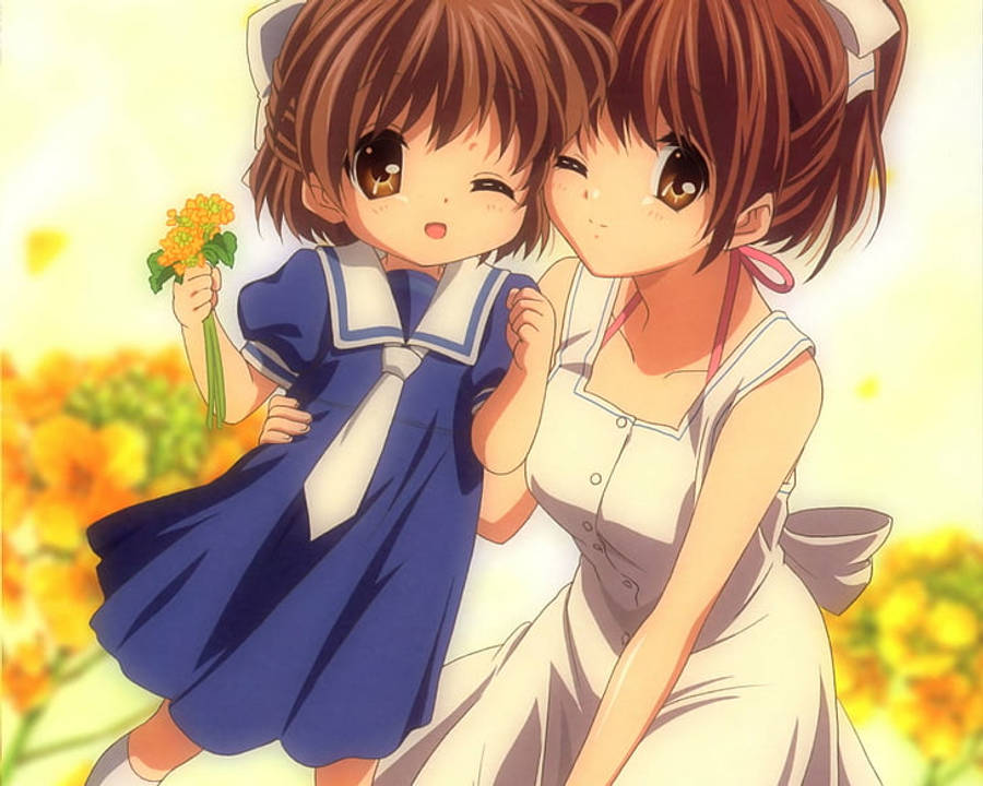 Clannad 桌布 壁紙 — 兩個穿著校服的動漫女孩在溫暖陽光下的金色花田中分享溫柔時刻。