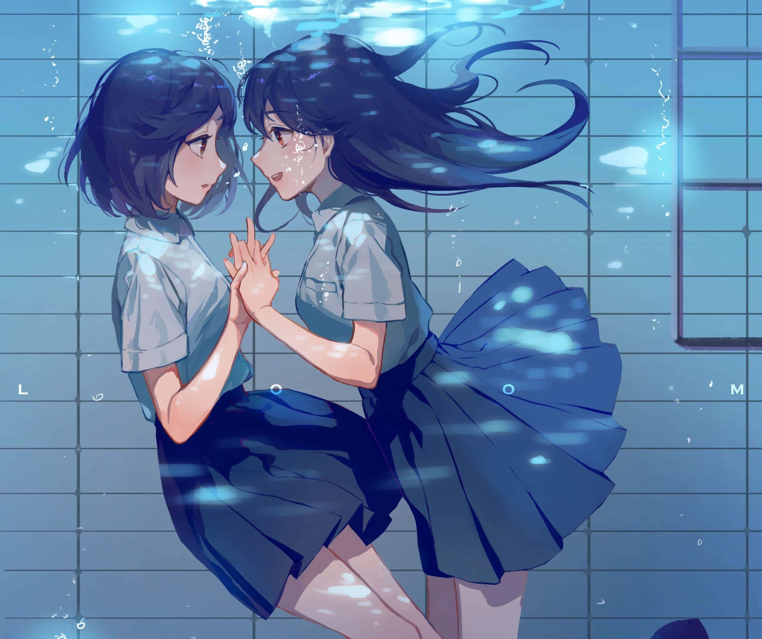 動漫 桌布 壁紙 — 兩個穿著校服的動漫女孩在磁磚牆附近的水底牽手，光線透過水面照射進來。