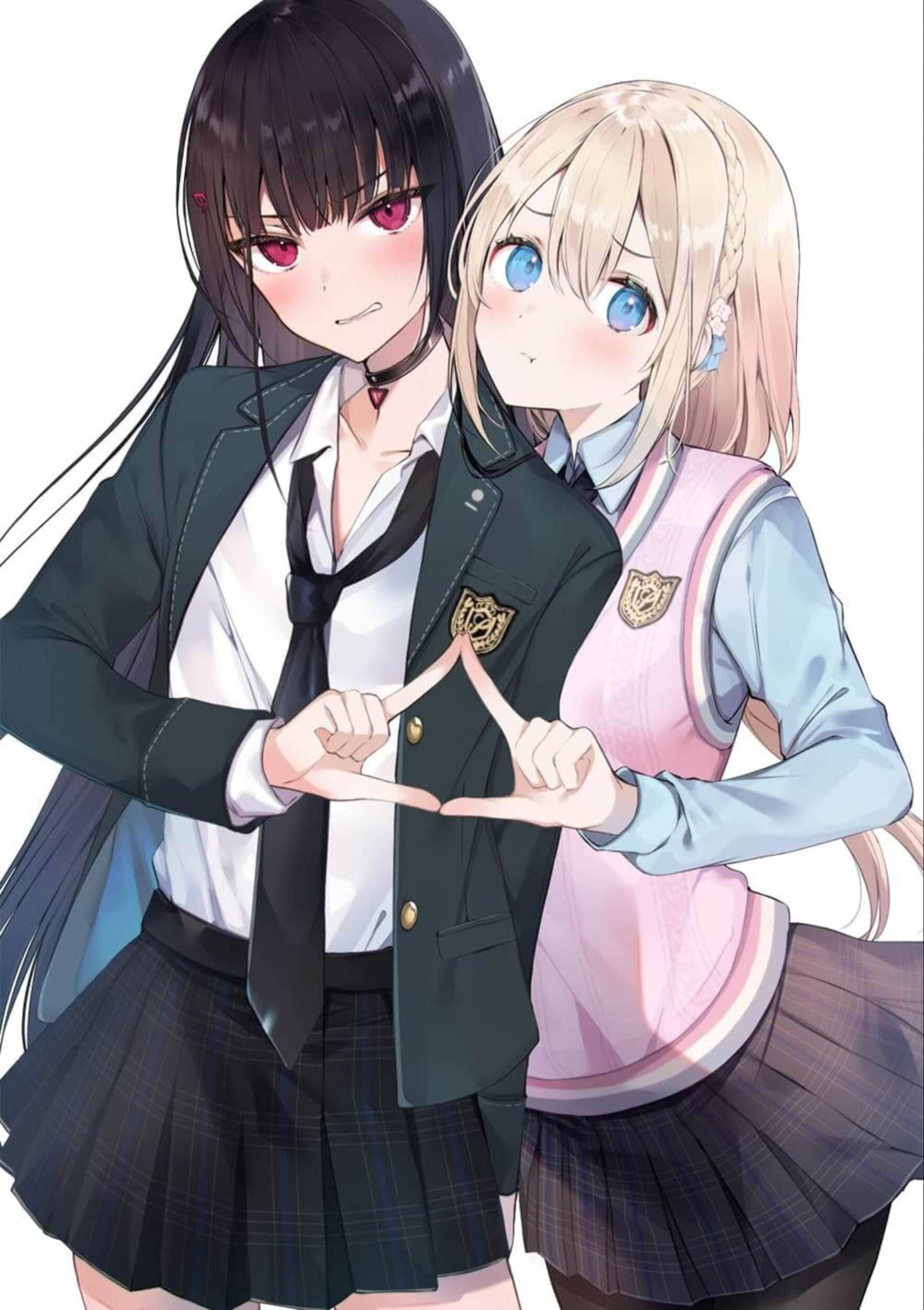 動漫女同性戀 桌布 壁紙 — 兩個穿著校服的動漫女孩在純白色背景前用手形成心形。