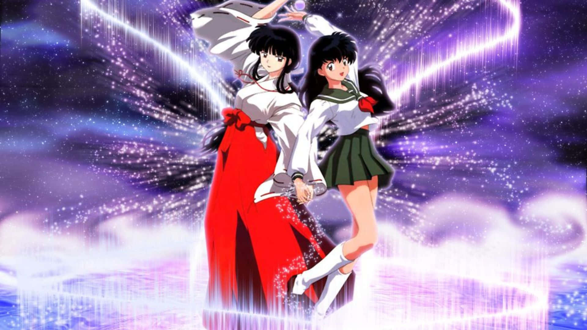 Kagome Higurashi 桌布 壁紙 — 兩個穿著校服的動漫女孩在閃爍的宇宙紫色背景上動態站立，帶有發光的能量軌跡。