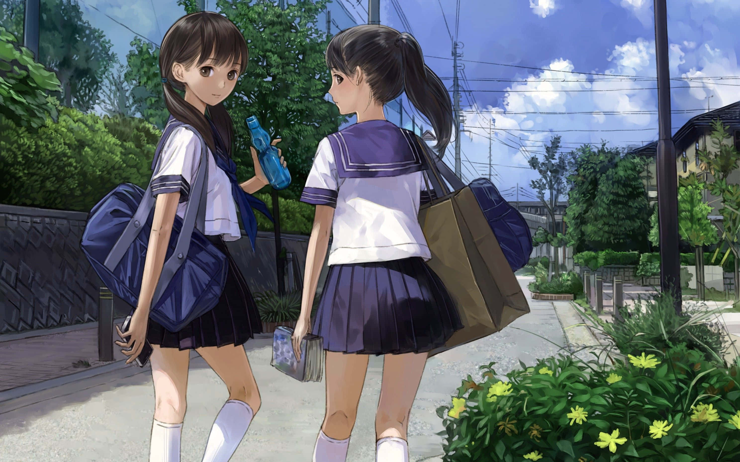 動漫 桌布 壁紙 — 兩個穿著校服的動漫女孩在陽光明媚的郊區街道上行走，拿著袋子和一個水瓶。