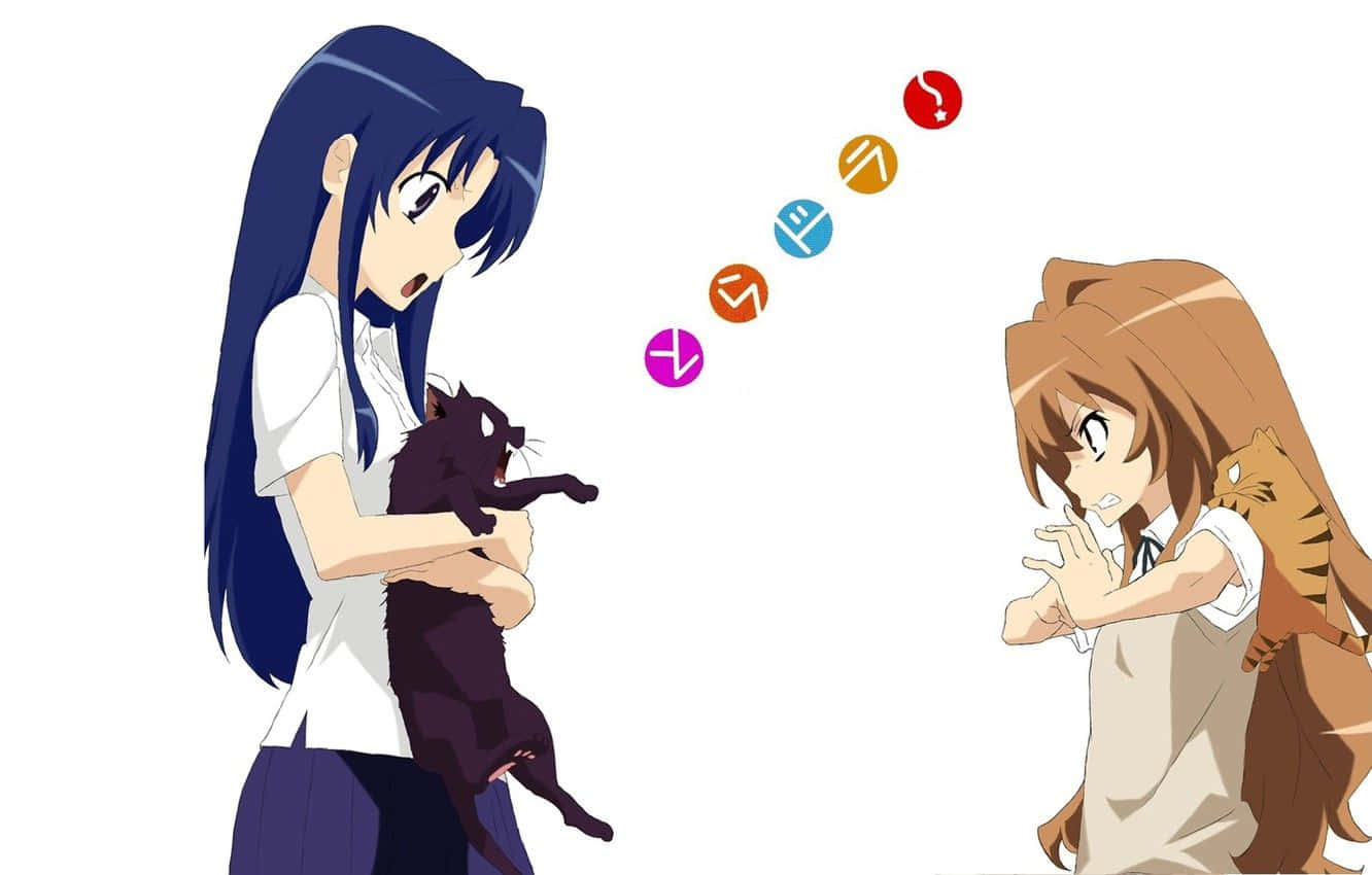 Friendship 桌布 壁紙 — 兩個穿著校服的動漫女孩對漂浮在她們之間、抱著貓的彩色問號感到驚訝。
