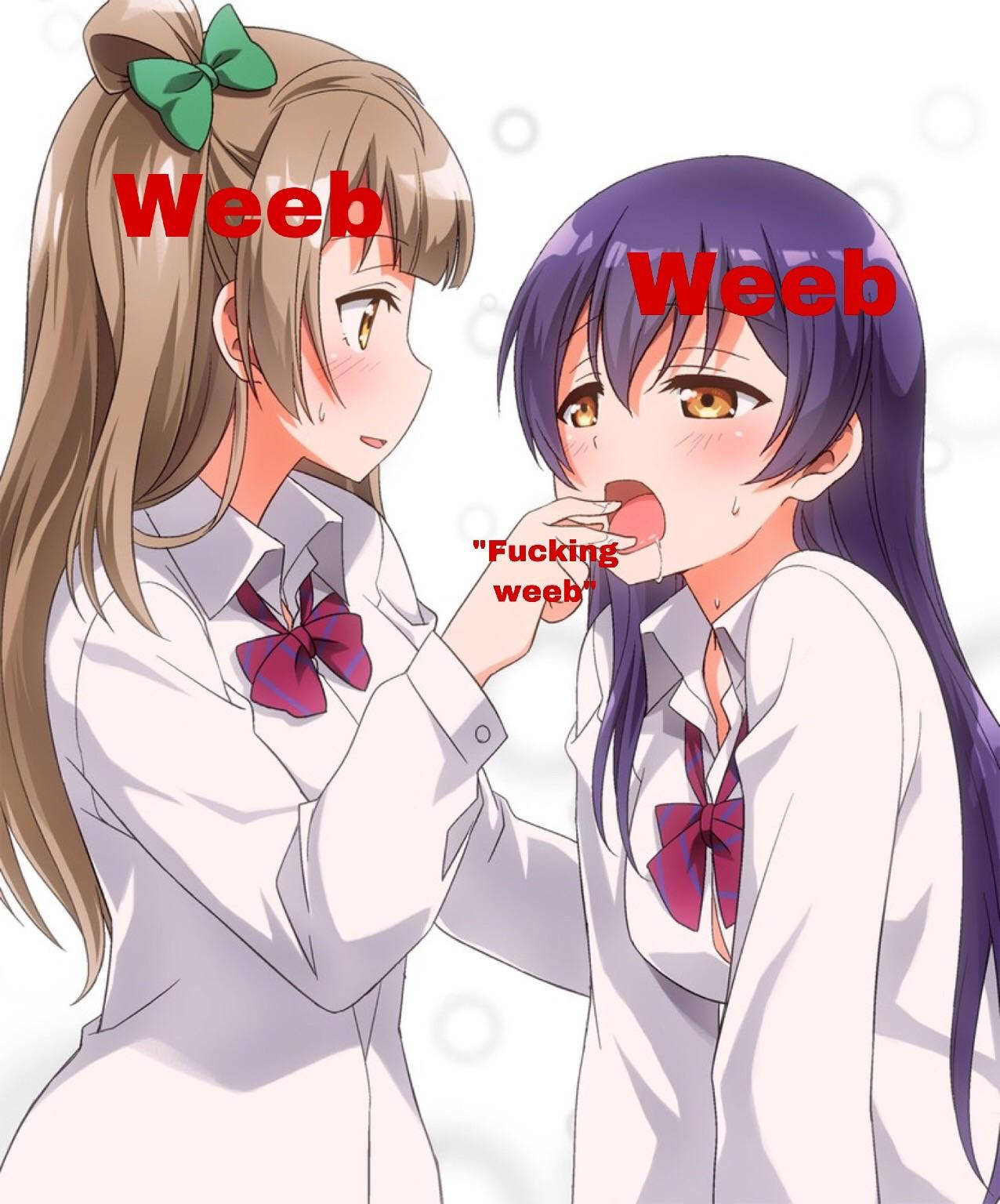 動漫迷因 桌布 壁紙 — 兩個穿著校服的動漫女孩對疊加在她們臉上的「Weeb」一詞做出臉紅和震驚的反應。