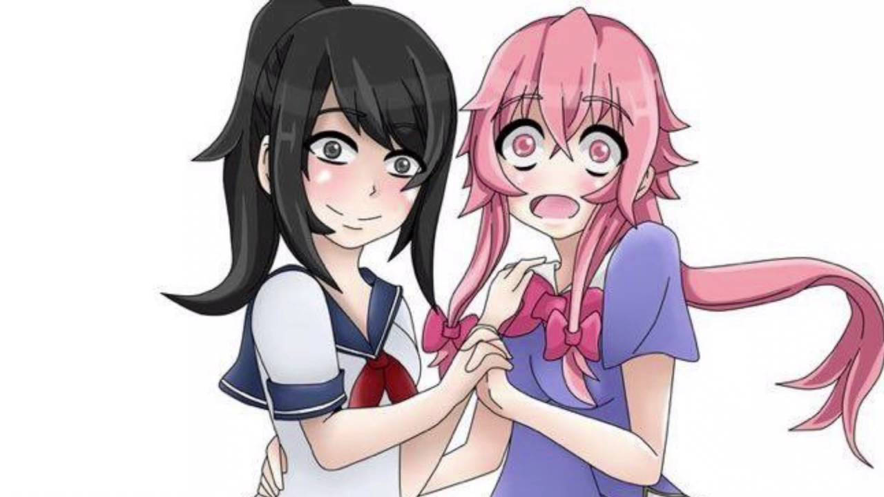 Yandere 桌布 壁紙 — 兩個穿著校服的動漫女孩手牽手，一個黑髮微笑，另一個粉紅頭髮看起來驚訝。