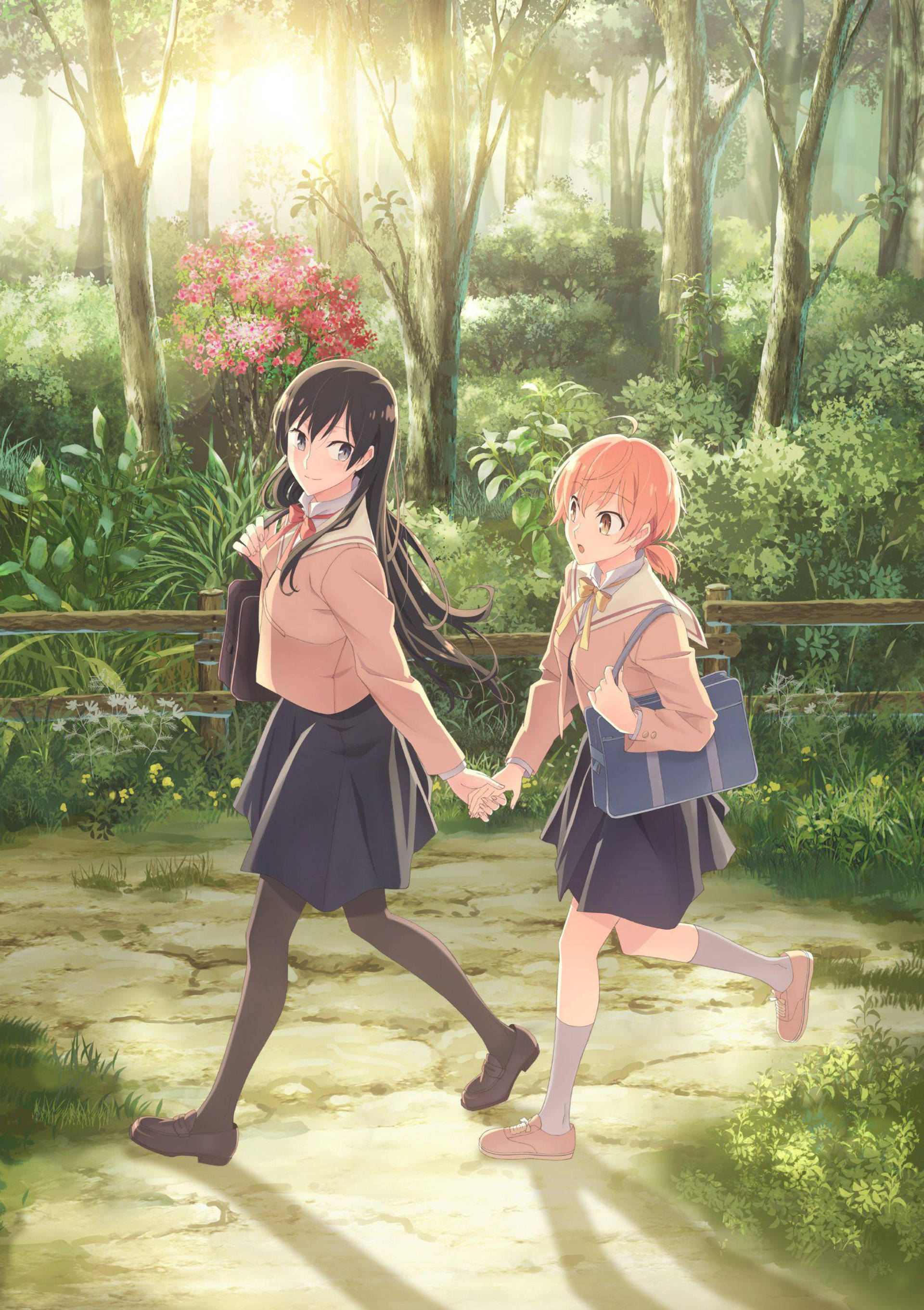 動漫女同性戀 桌布 壁紙 — 兩個穿著校服的動漫女孩手牽手，走在一條陽光普照、有粉紅色花朵和斑駁光線的森林小徑上。