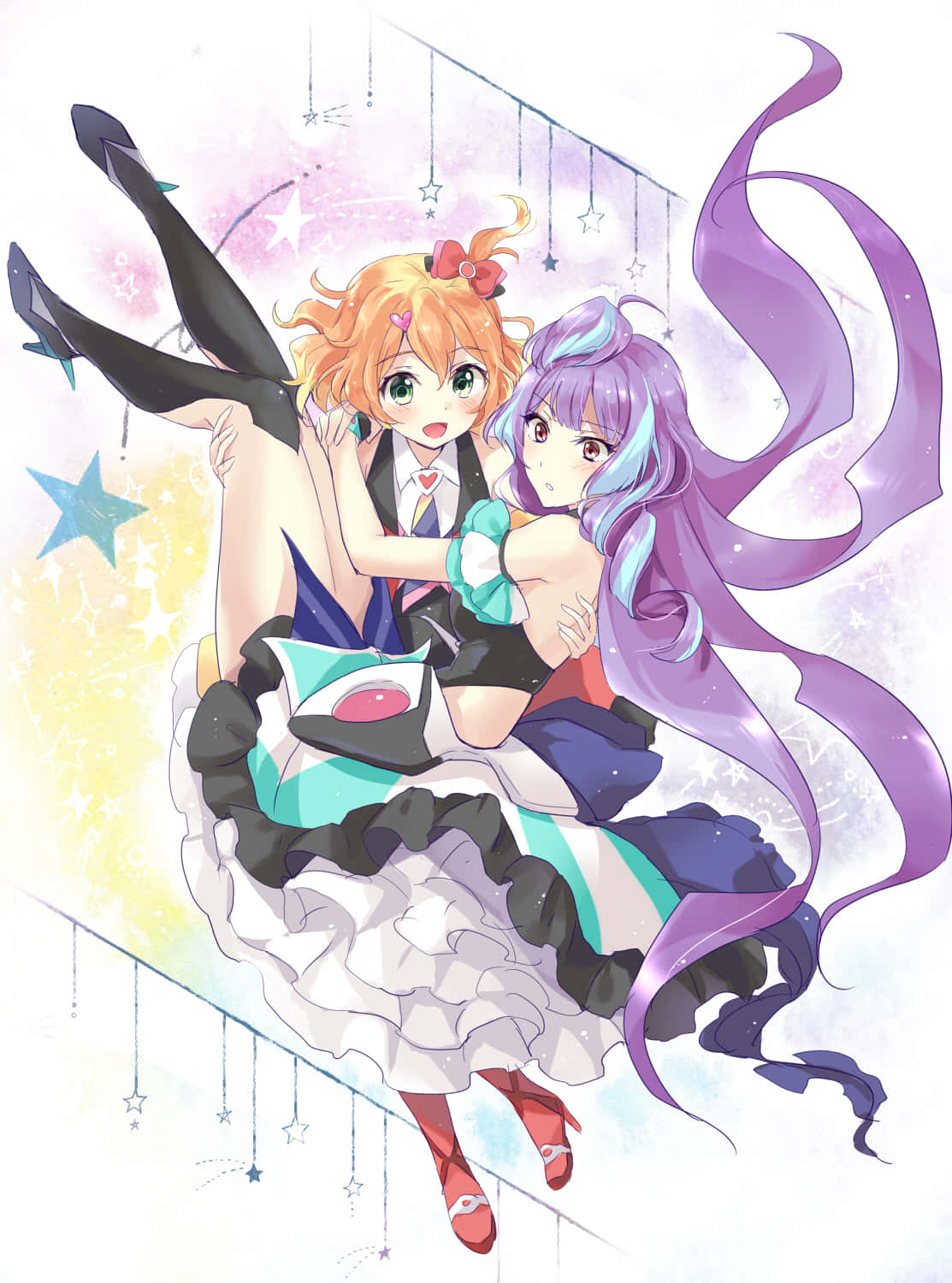 Macross Delta 桌布 壁紙 — 兩個穿著校服的動漫女孩漂浮在懸掛的星星和發光的宇宙色調之間。