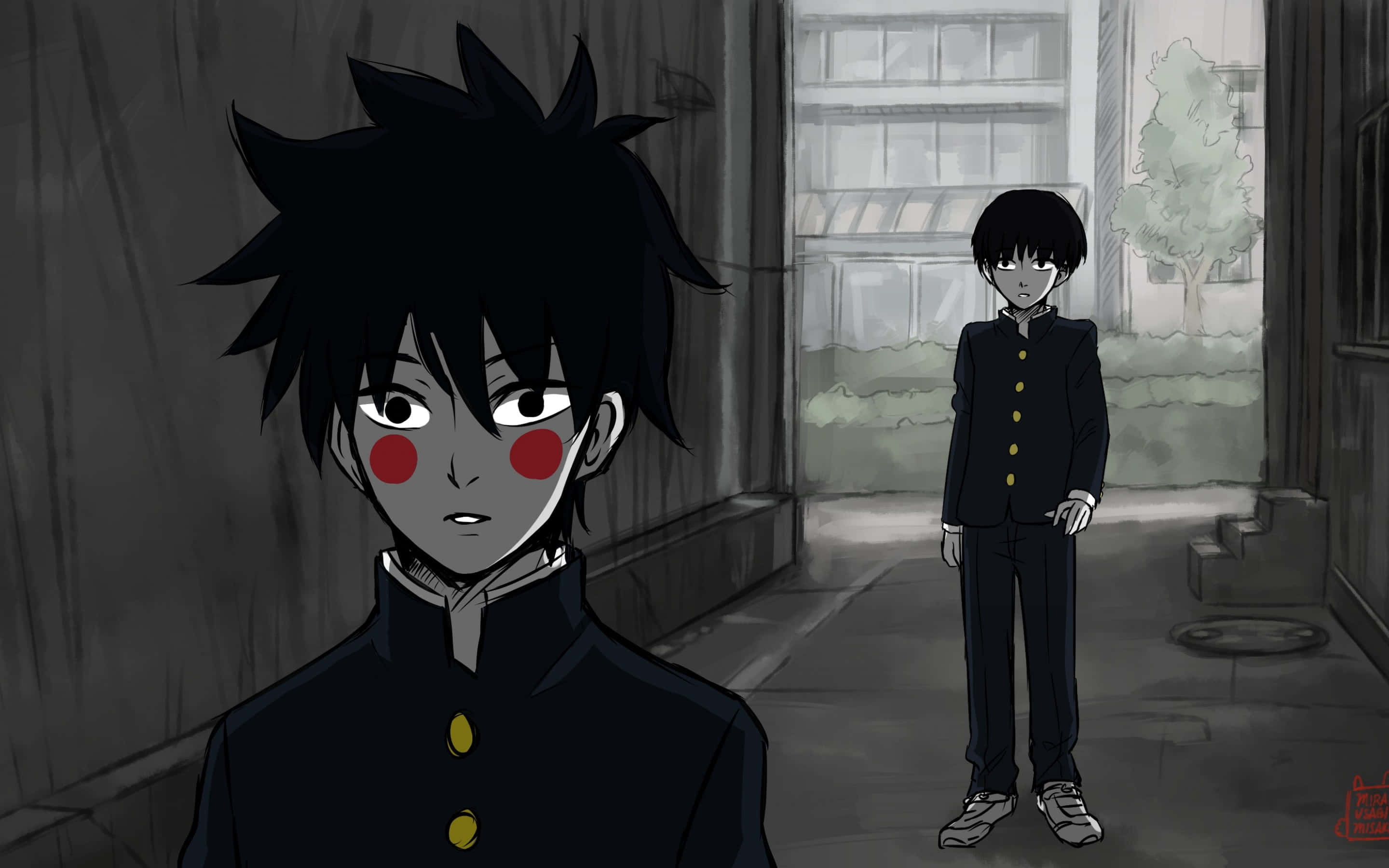 動漫 桌布 壁紙 — 兩個穿著校服的動漫男孩站在昏暗的小巷中，一個臉頰上有紅色印記，直視前方，另一個在背景中。