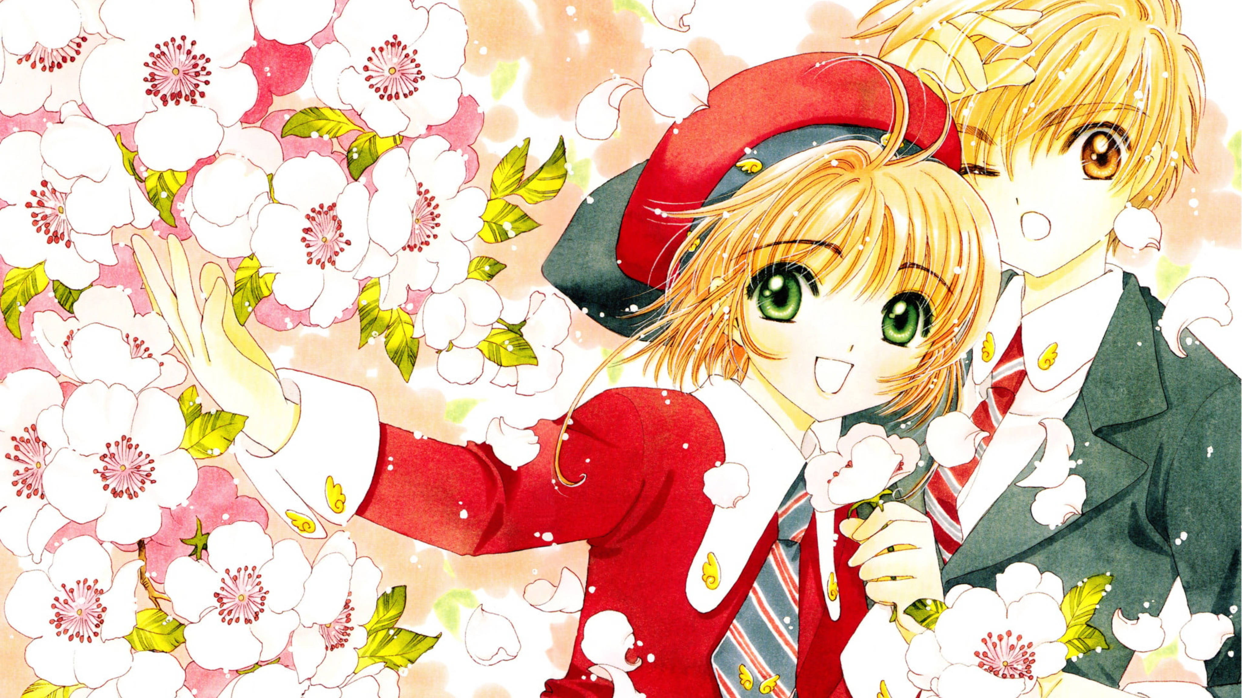 Cardcaptor 桌布 壁紙 — 兩個穿著校服的動漫角色在溫暖陽光下，於飄落的櫻花中微笑。