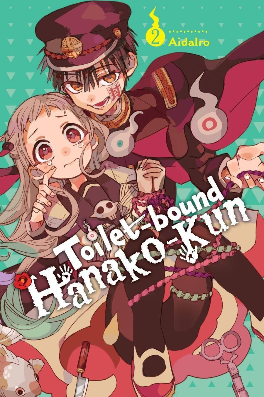 Toilet Bound Hanako Kun 桌布 壁紙 — 兩個穿著校服的動漫角色在藍綠色三角形背景和標題文字前俏皮地擺姿勢。