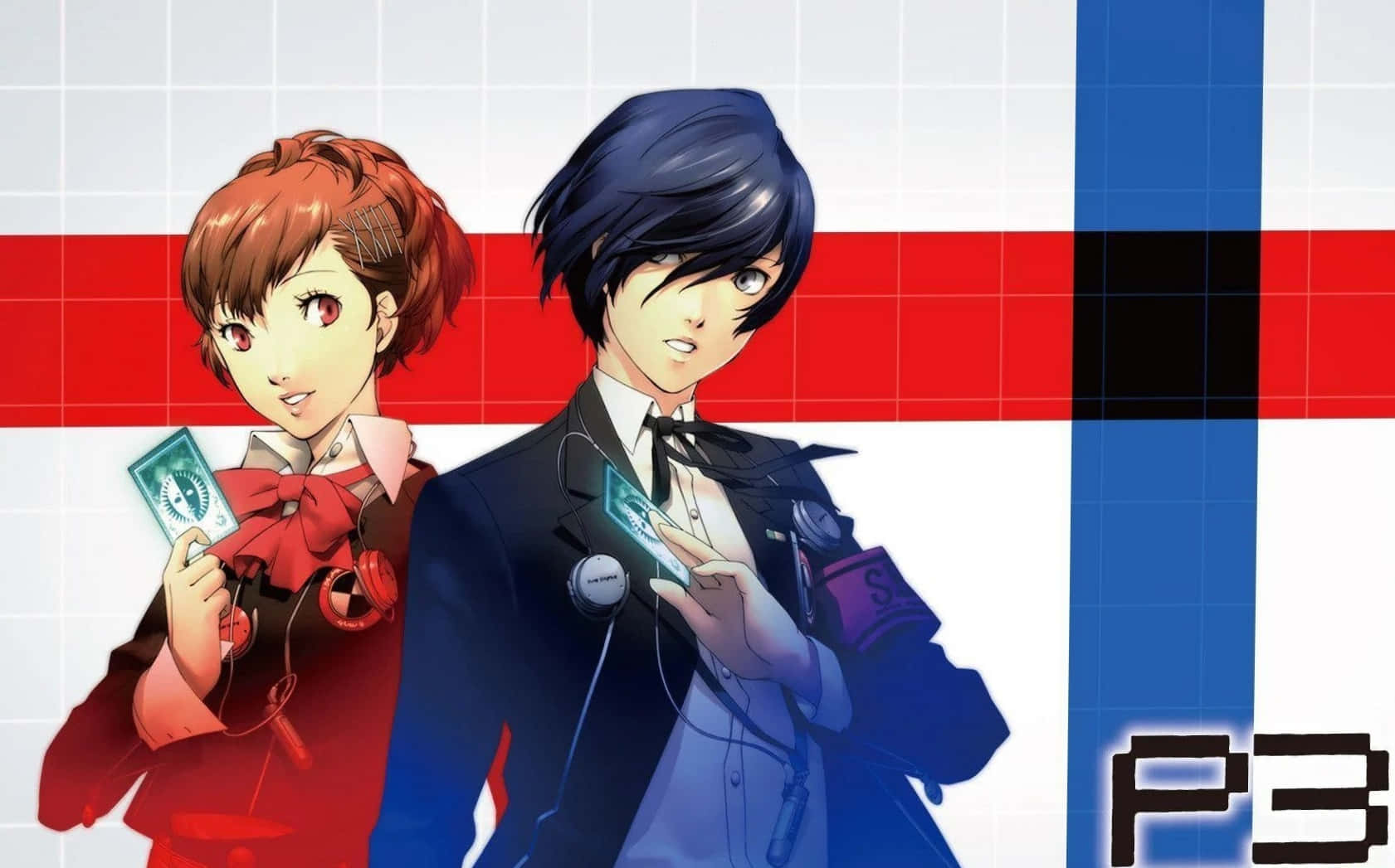 persona 5 4K 桌布 壁紙 — 兩個穿著校服的動漫角色在鮮明的紅、藍、白網格背景前手持發光卡片。
