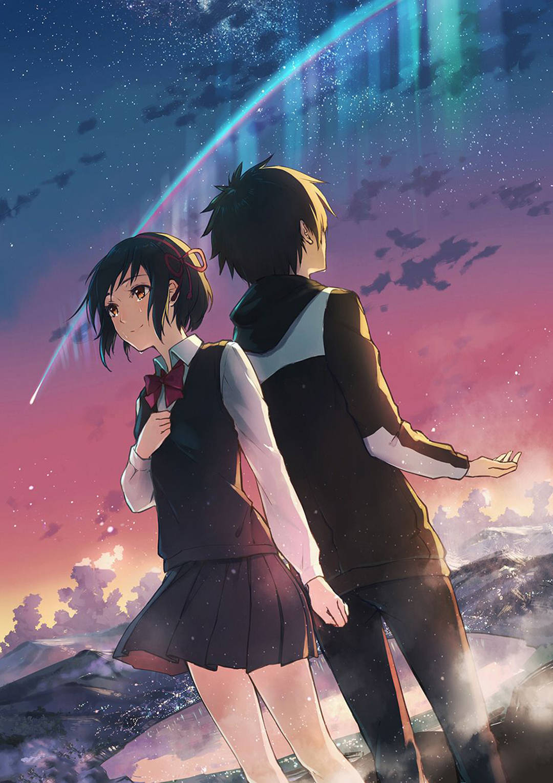 kimi no na wa phone 桌布 壁紙 — 兩個穿著校服的動漫青少年凝視著在白雪覆蓋的山景上閃耀的極光。