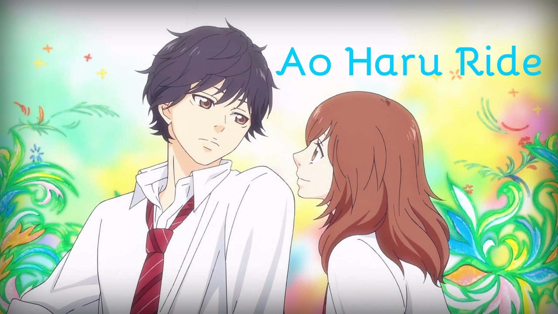 Ao Haru Ride 桌布 壁紙 — 兩個穿著校服的動漫青少年在充滿活力的旋轉花卉背景中互相凝視。