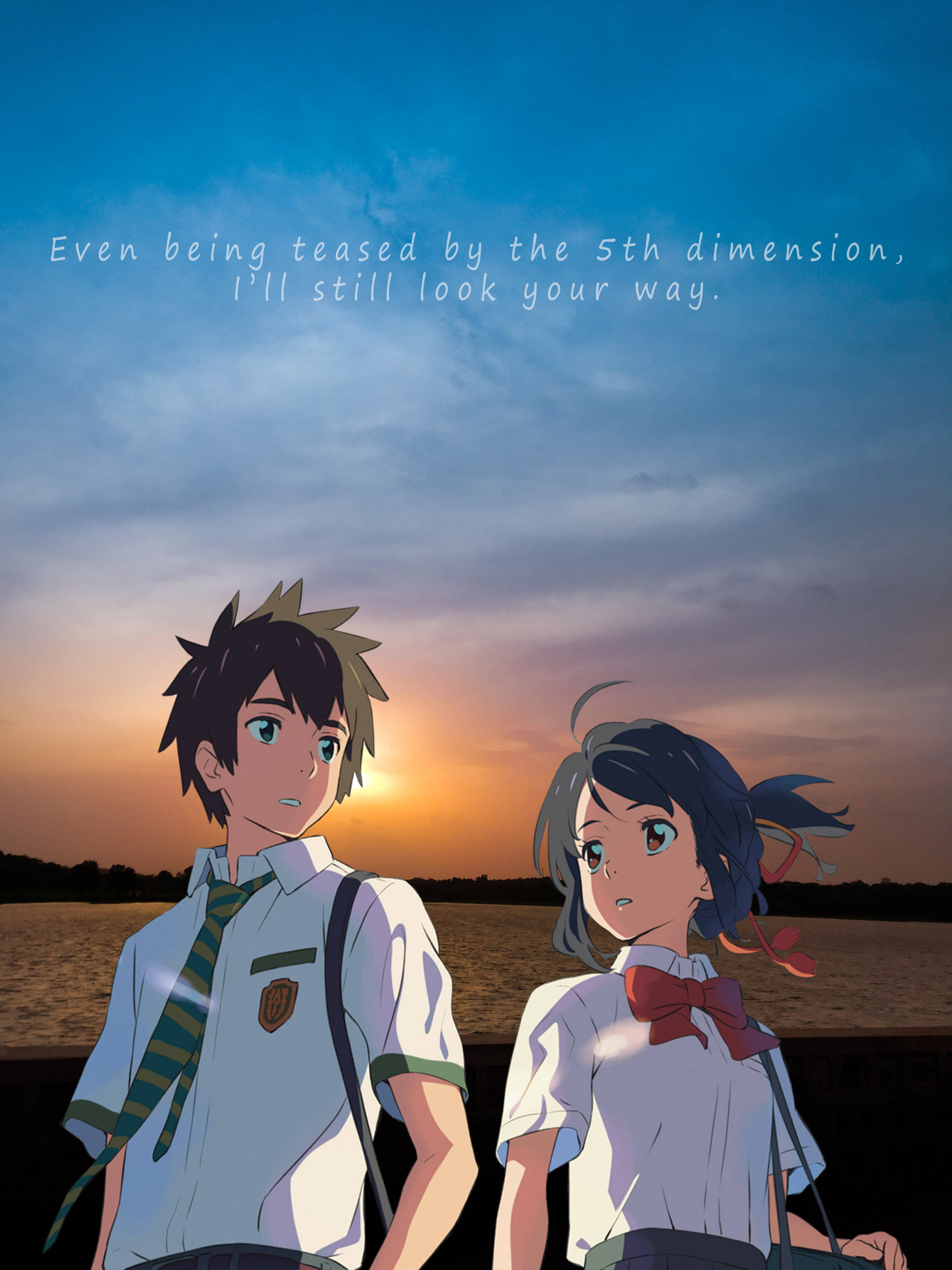 kimi no na wa phone 桌布 壁紙 — 兩個穿著校服的動漫青少年在日落時站在湖邊，他們上方有一句引言。
