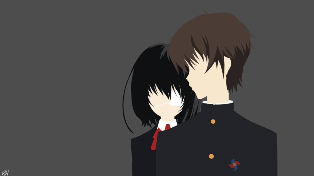 Minimalist Anime 桌布 壁紙 — 兩個穿著校服的動漫青少年在純灰色背景上緊緊擁抱。