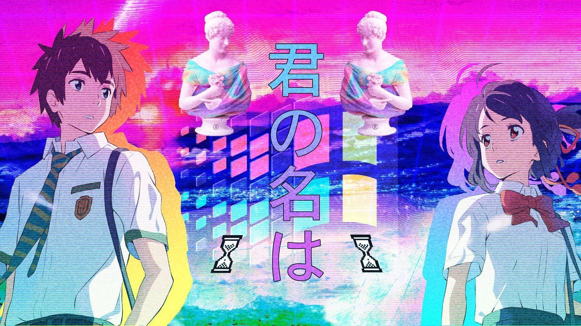 桌布 壁紙 — 兩個穿著校服的動漫青少年站在發光雕像前，背景是充滿活力的故障粉紅色和藍色，帶有日文字。