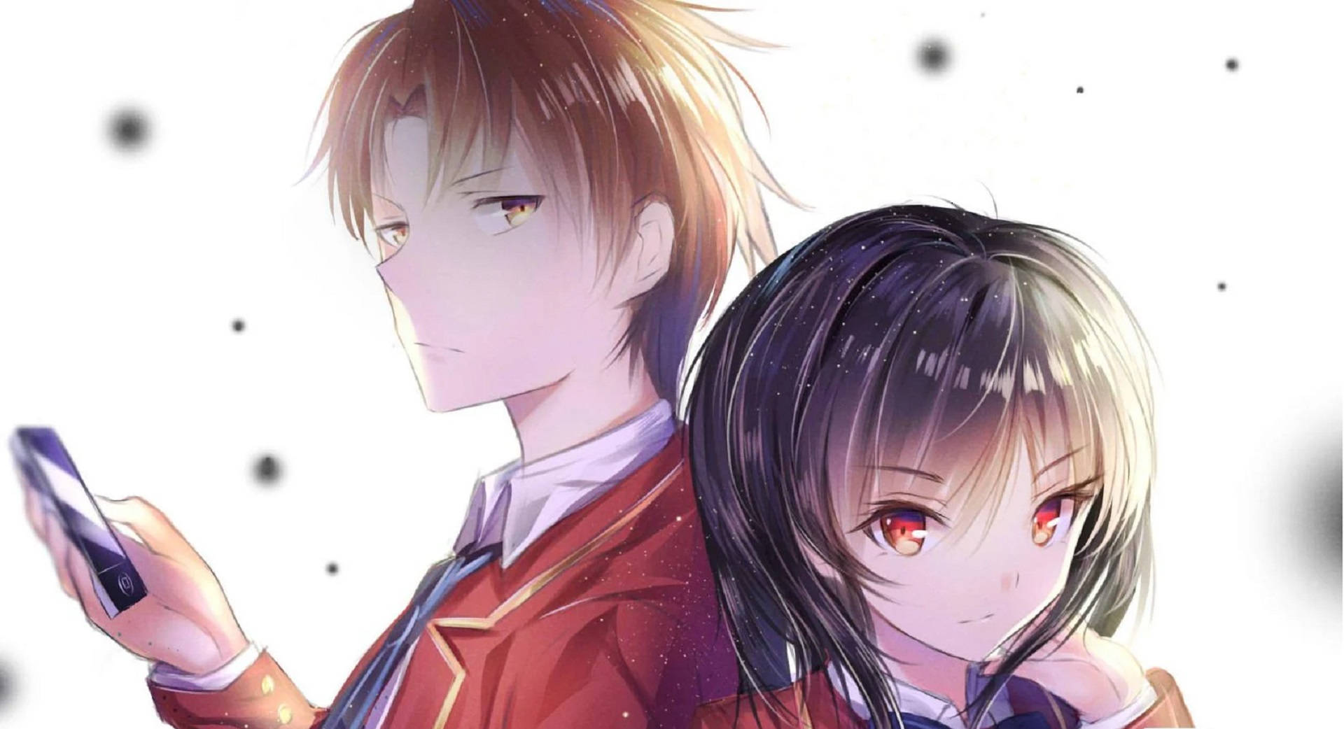kiyotaka ayanokoji 桌布 壁紙 — 兩個穿著校服的動漫青少年站得很近，其中一個拿著手機，背景是星空白色。