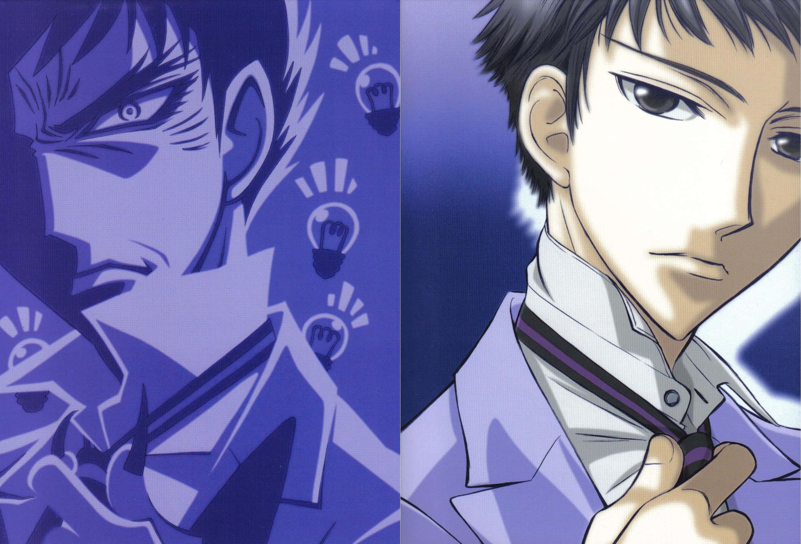 Takashi Morinozuka 桌布 壁紙 — 兩個穿著校服的動畫男孩，一個激烈地握著發光的拳頭，另一個冷靜地調整領帶，背景為紫色。