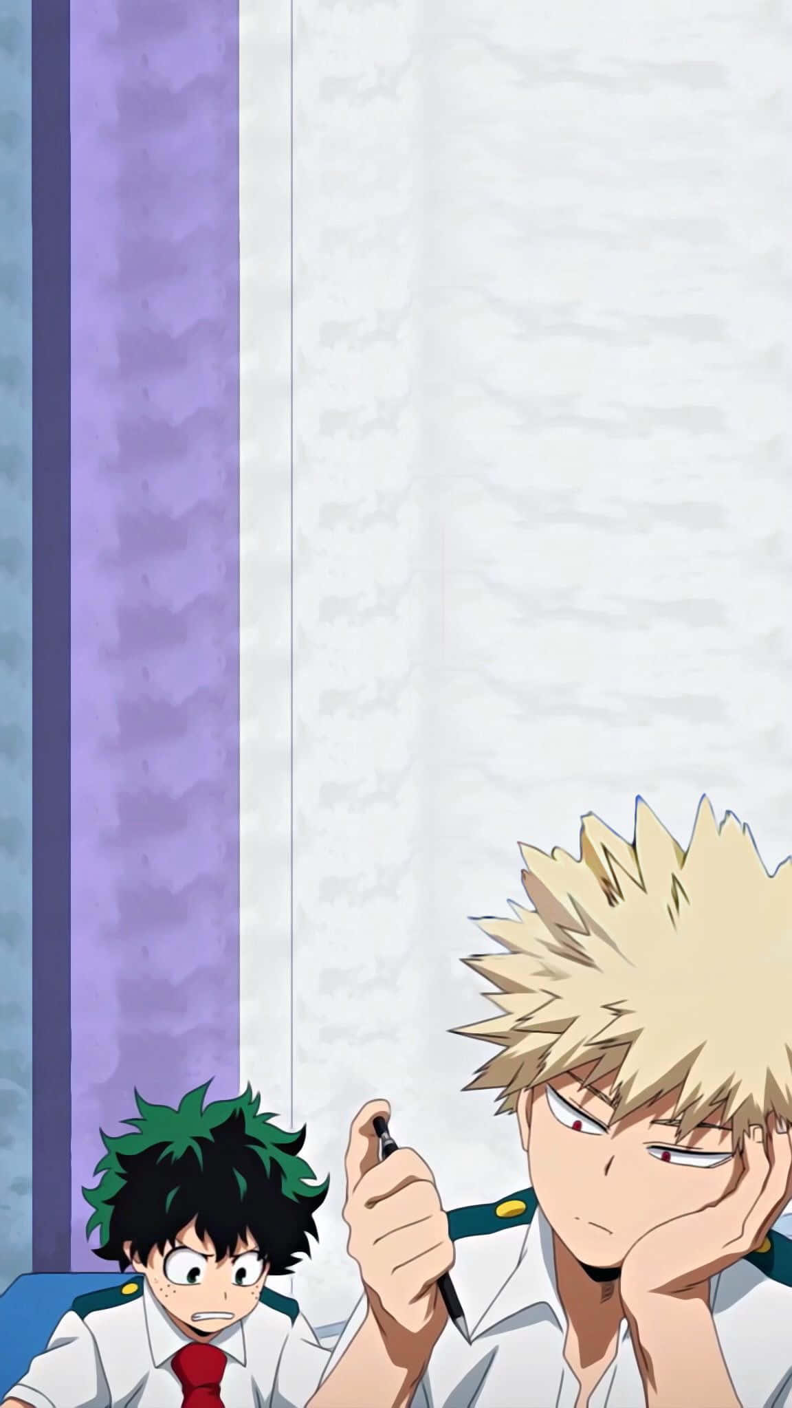 My Hero Academia Aesthetic 桌布 壁紙 — 兩個穿著校服的動畫男孩，一個綠髮的看起來很驚訝，而另一個金髮的則將頭靠在握著筆的手上。