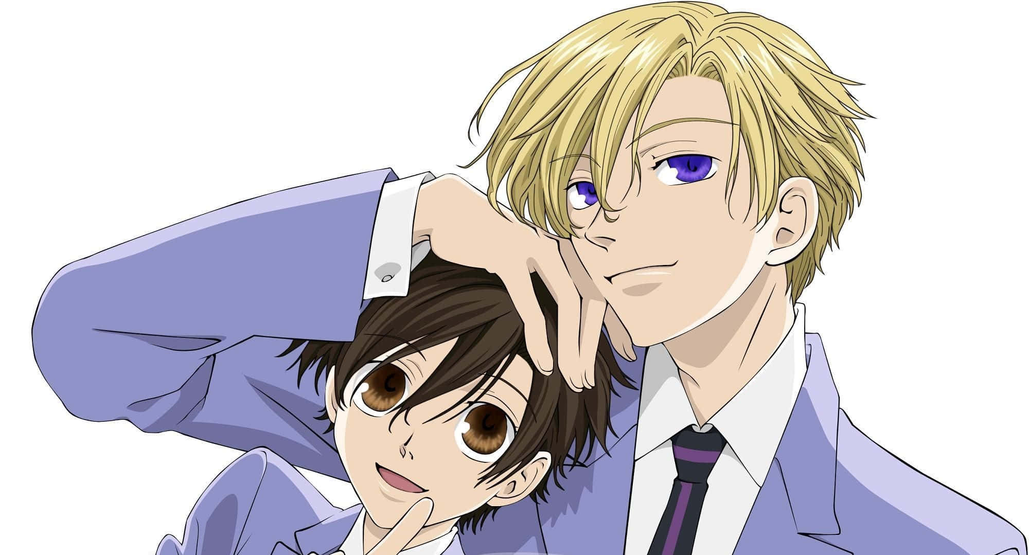 haruhi fujioka 桌布 壁紙 — 兩個穿著校服的動畫男孩分享一個溫柔的時刻，其中一個輕輕觸摸另一個的頭。