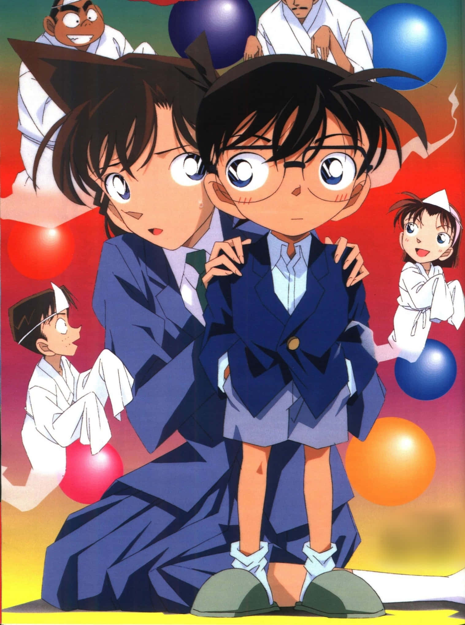 Detective Conan 桌布 壁紙 — 兩個穿著校服的動畫男孩在充滿活力的漸變背景前，手持彩色氣球擺姿勢。
