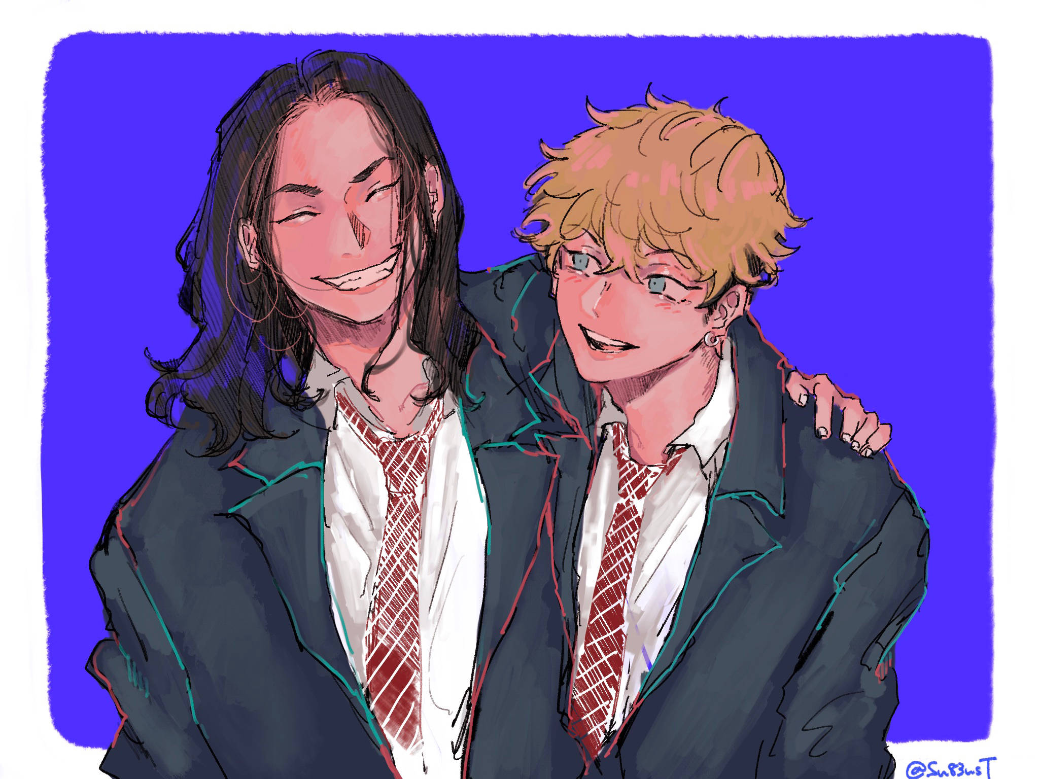 chifuyu matsuno 桌布 壁紙 — 兩個穿著校服的動畫男孩在充滿活力的紫色背景前快樂地擁抱。