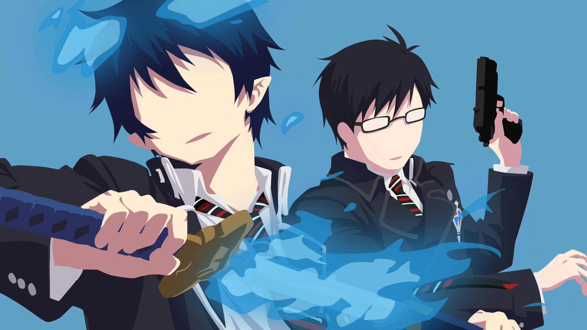 Blue Exorcist 桌布 壁紙 — 兩個穿著校服的動畫男孩在純藍色背景上，於旋轉的藍色能量中揮劍和開槍交鋒。