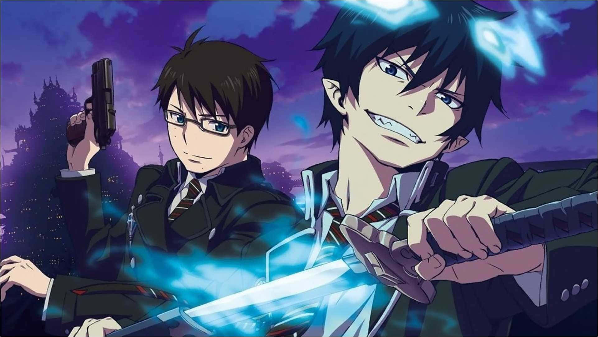 Blue Exorcist 桌布 壁紙 — 兩個穿著校服的動畫男孩在紫色暮色城市景觀中揮舞著發光的劍和槍。