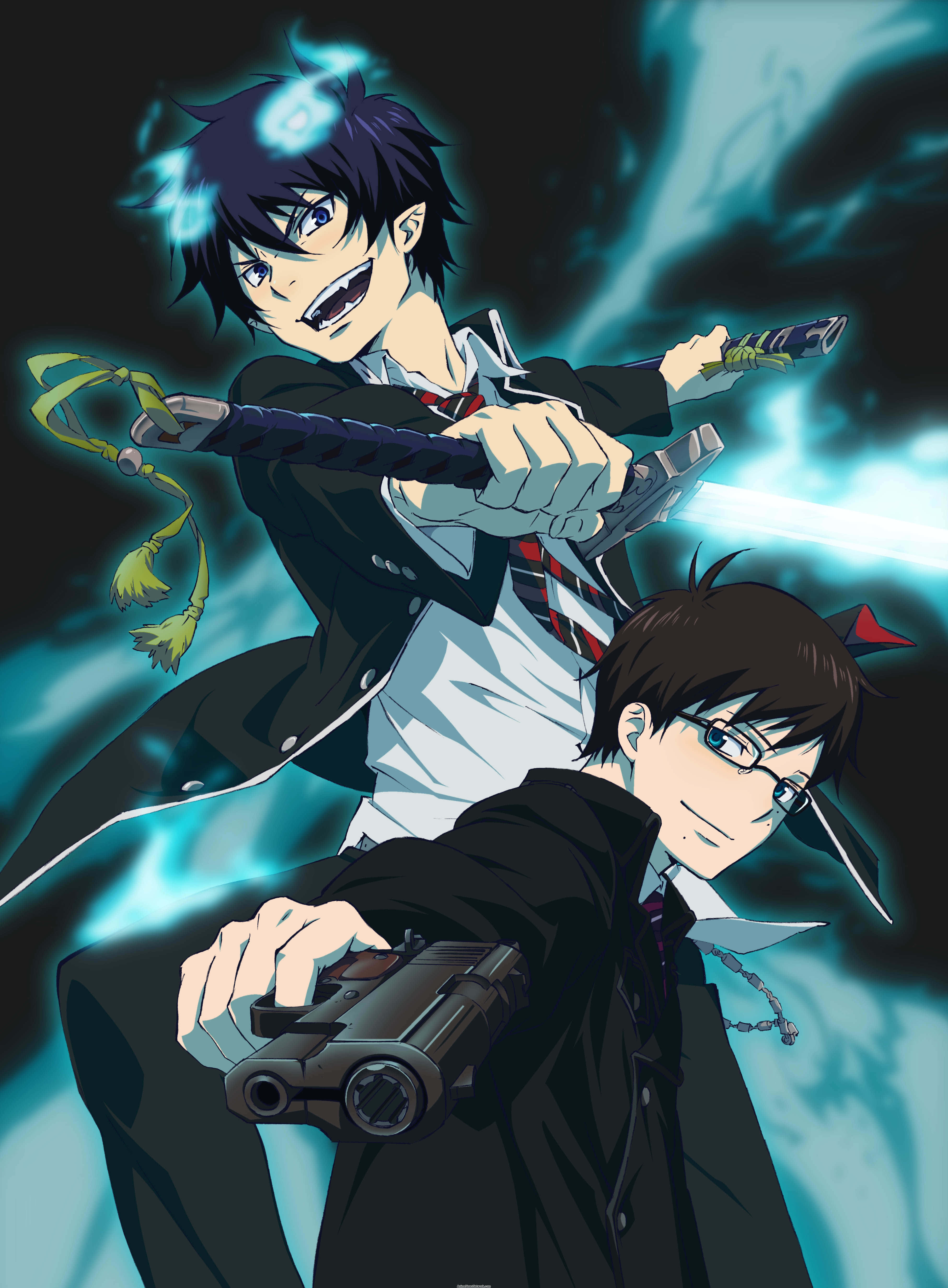 Blue Exorcist 桌布 壁紙 — 兩個穿著校服的動畫男孩在黑暗暴風雨背景下用發光的劍和槍戰鬥。