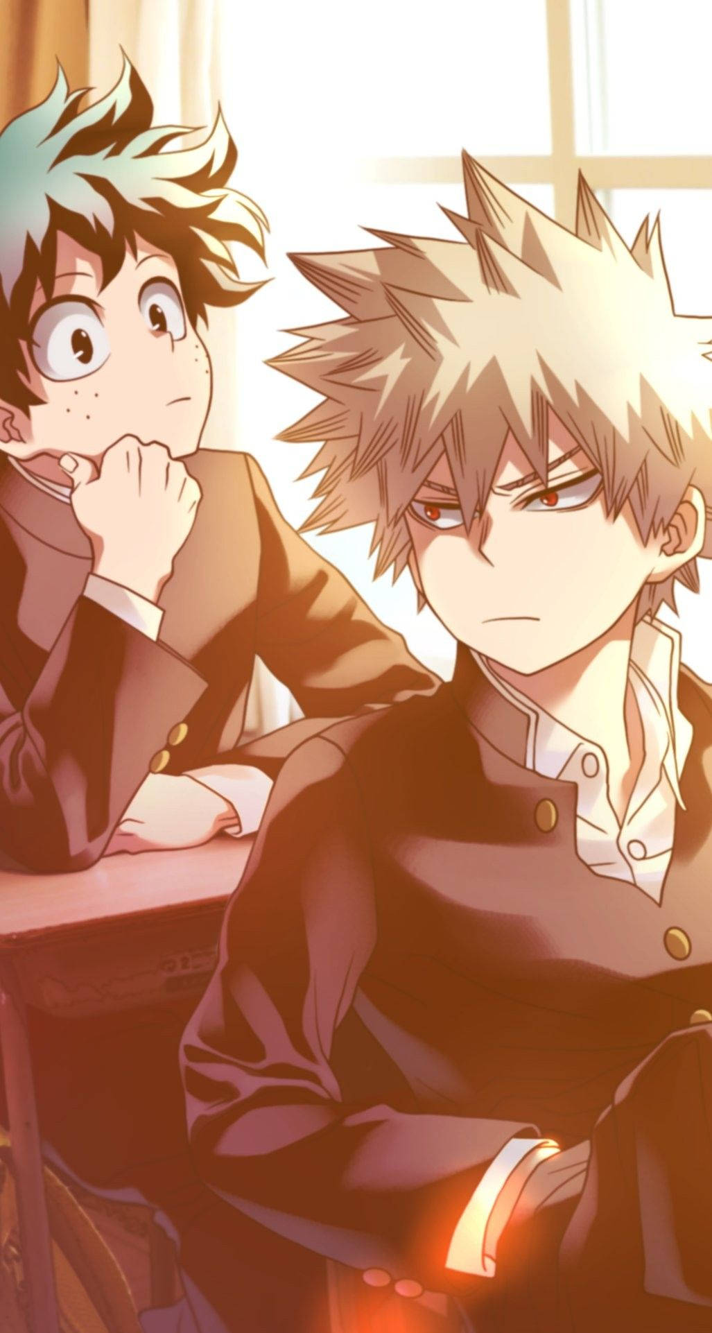 Deku X Todoroki X Bakugou 桌布 壁紙 — 兩個穿著校服的動畫男孩坐在書桌前，一個表情驚訝，另一個皺著眉頭，被窗戶的暖光照亮。