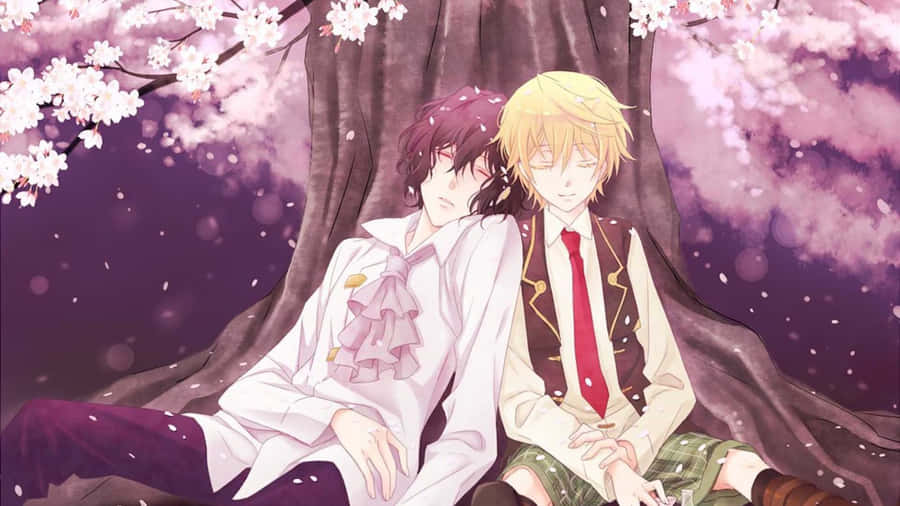 Gay Anime 桌布 壁紙 — 兩個穿著校服的動畫男孩坐在櫻花樹下，花瓣在柔和的紫色暮色中飄落。