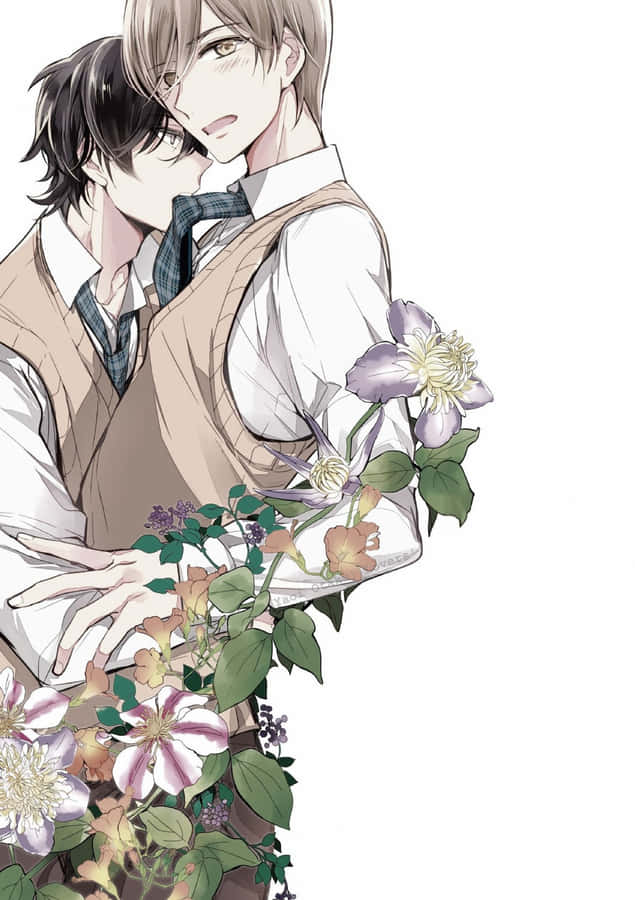 Gay Anime 桌布 壁紙 — 兩個穿著校服的動畫男孩溫柔地擁抱，柔和的粉彩花朵在他們周圍盛開，背景是潔淨的白色。