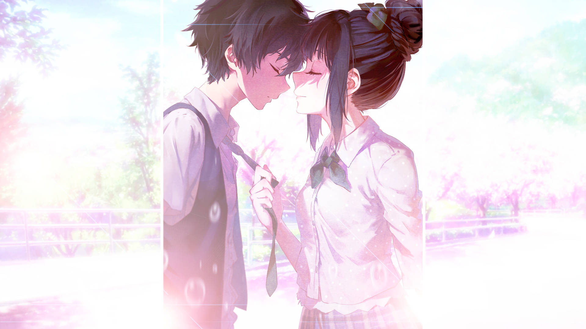 Hyouka 桌布 壁紙 — 兩個穿著校服的動畫青少年在柔和的粉紅色櫻花下分享溫馨時刻。