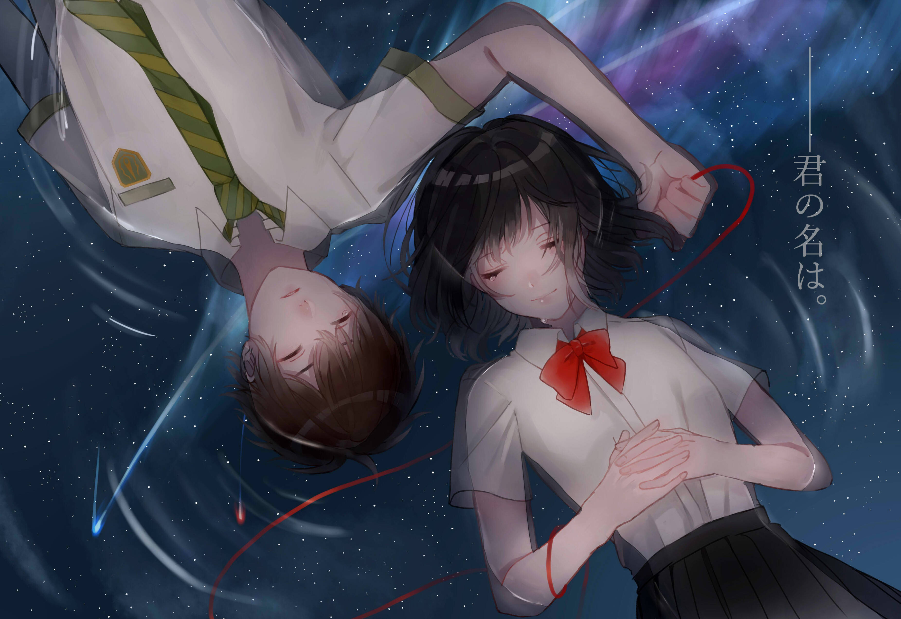 動漫 桌布 壁紙 — 兩個穿著校服的動畫青少年漂浮在星光燦爛的宇宙虛空中，手牽手，用一條紅絲帶連接著他們。