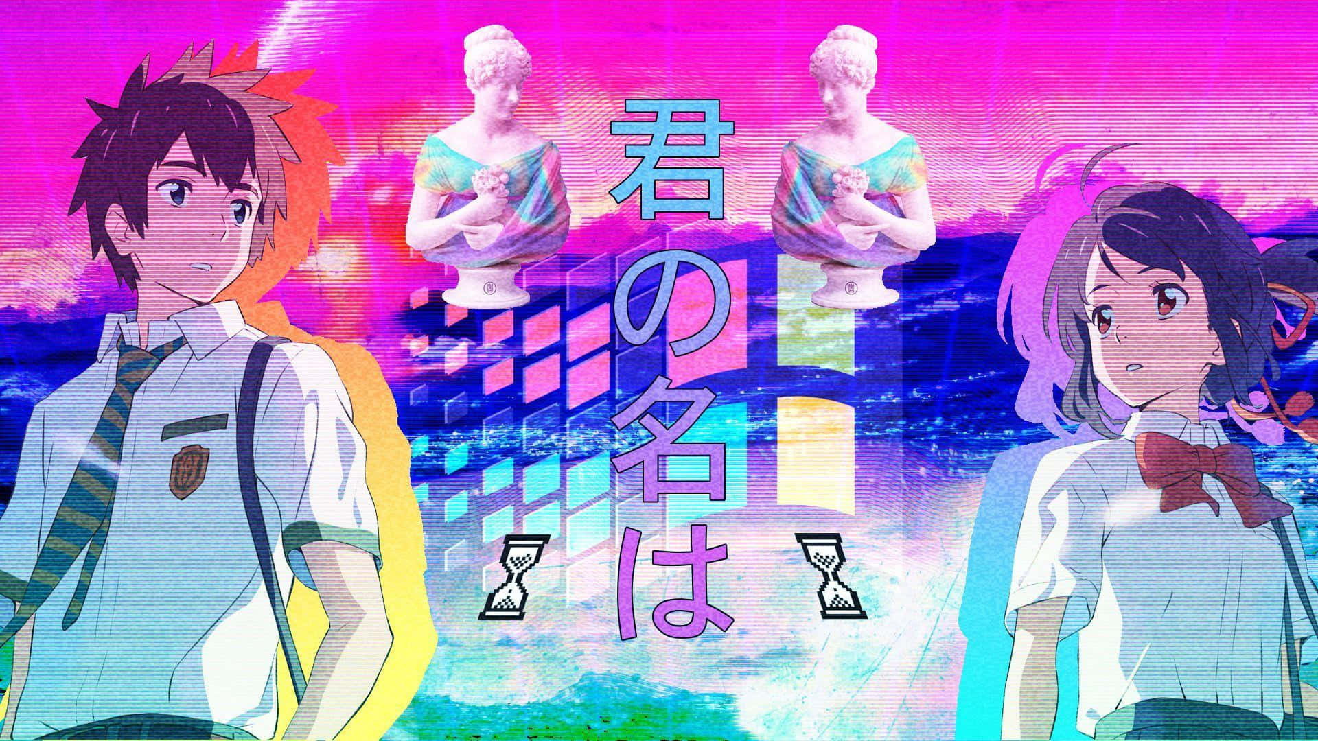 動漫女孩 桌布 壁紙 — 兩個穿著校服的動畫青少年站在發光的雕像前，背景是充滿活力的故障粉紅色和藍色，帶有日文字。