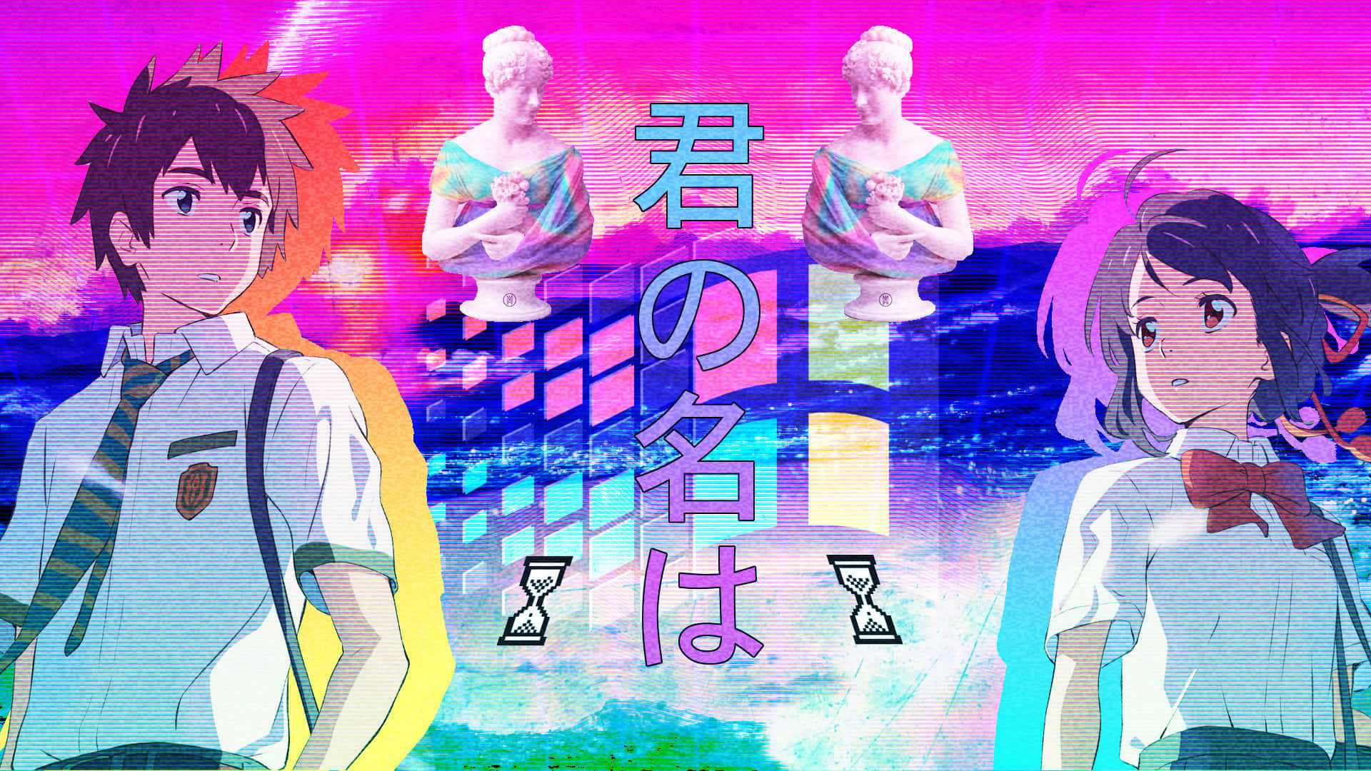 動漫 桌布 壁紙 — 兩個穿著校服的動畫青少年站在發光的雕像前，背景是帶有日本文字的故障霓虹粉紅和藍色。