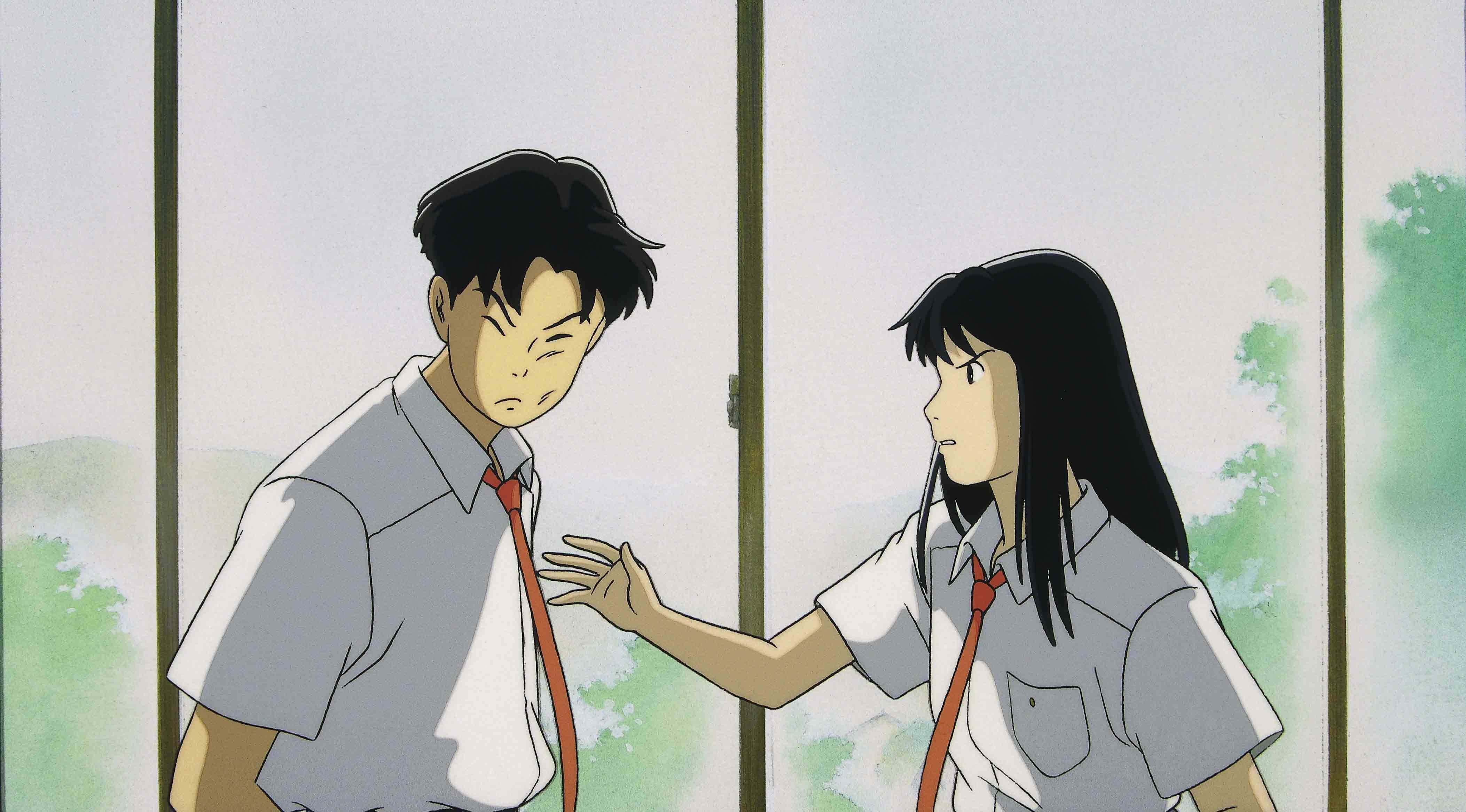 Studio Ghibli Ocean Waves 桌布 壁紙 — 兩個穿著校服的動畫青少年站在窗邊，其中一個伸手去碰另一個，而另一個則皺著眉頭看向別處。