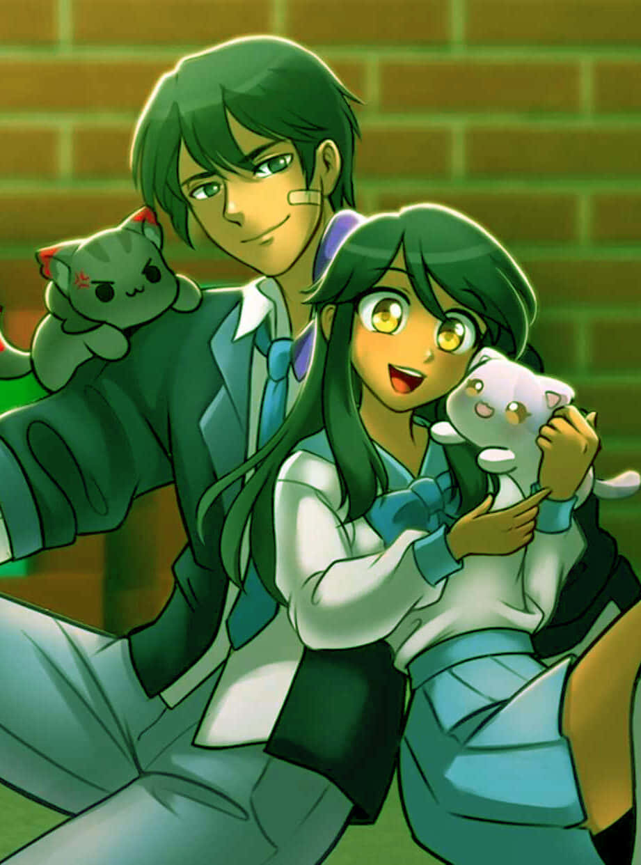 Aphmau 桌布 壁紙 — 兩個穿著校服的動畫青少年靠著磚牆坐著，抱著毛絨貓咪，溫暖的綠色燈光。