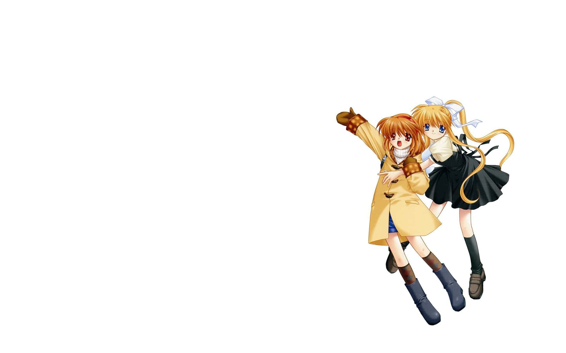 Kanon 桌布 壁紙 — 兩個穿著校服的開心動漫女孩在純白色背景上動態擺姿勢。