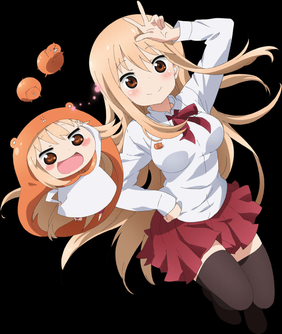 Anime Render 桌布 壁紙 — 兩個穿著校服的開心動畫女孩在黑色背景前與漂浮的橙色生物一起擺出有趣姿勢。