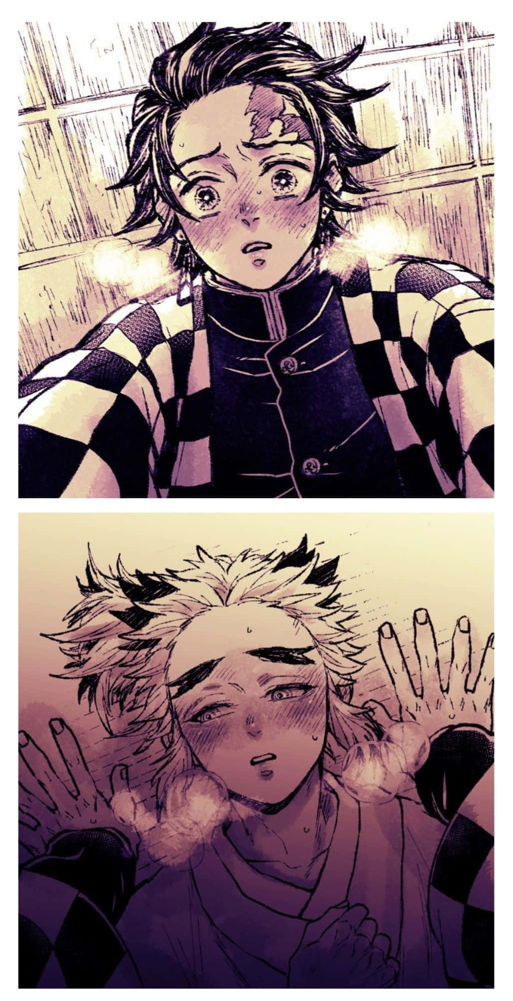 Rengoku And Tanjiro 桌布 壁紙 — 兩個穿著格紋外套的動漫角色在溫暖發光的背景下表現出震驚的表情。