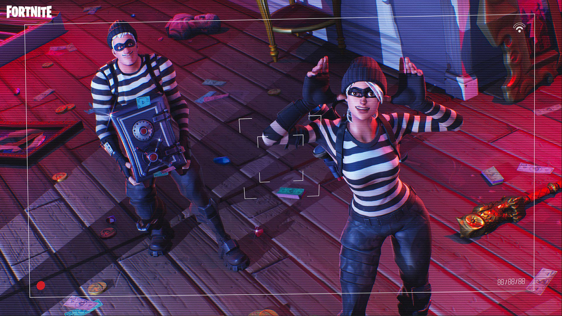 Fortnite 造型 桌布 壁紙 — 兩個穿著條紋服裝的Fortnite角色在紅色霓虹燈下的木地板上動態擺姿勢。