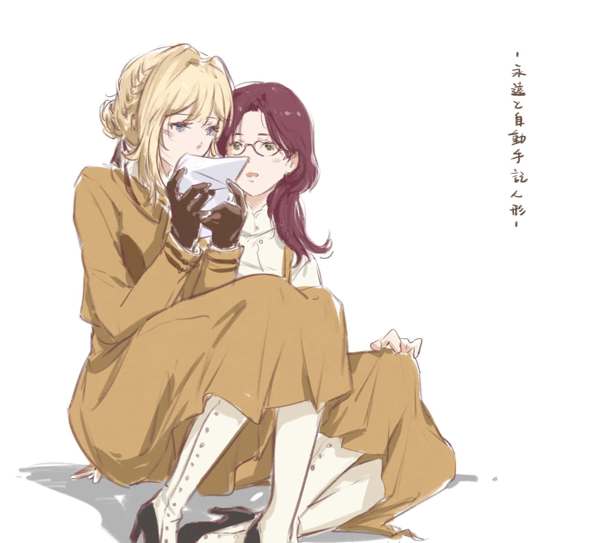 Isabella York 桌布 壁紙 — 兩個穿著棕色服裝的動漫女孩坐得很近，分享一封信，一個戴眼鏡，另一個紮辮子，兩人都溫柔地看著紙張。