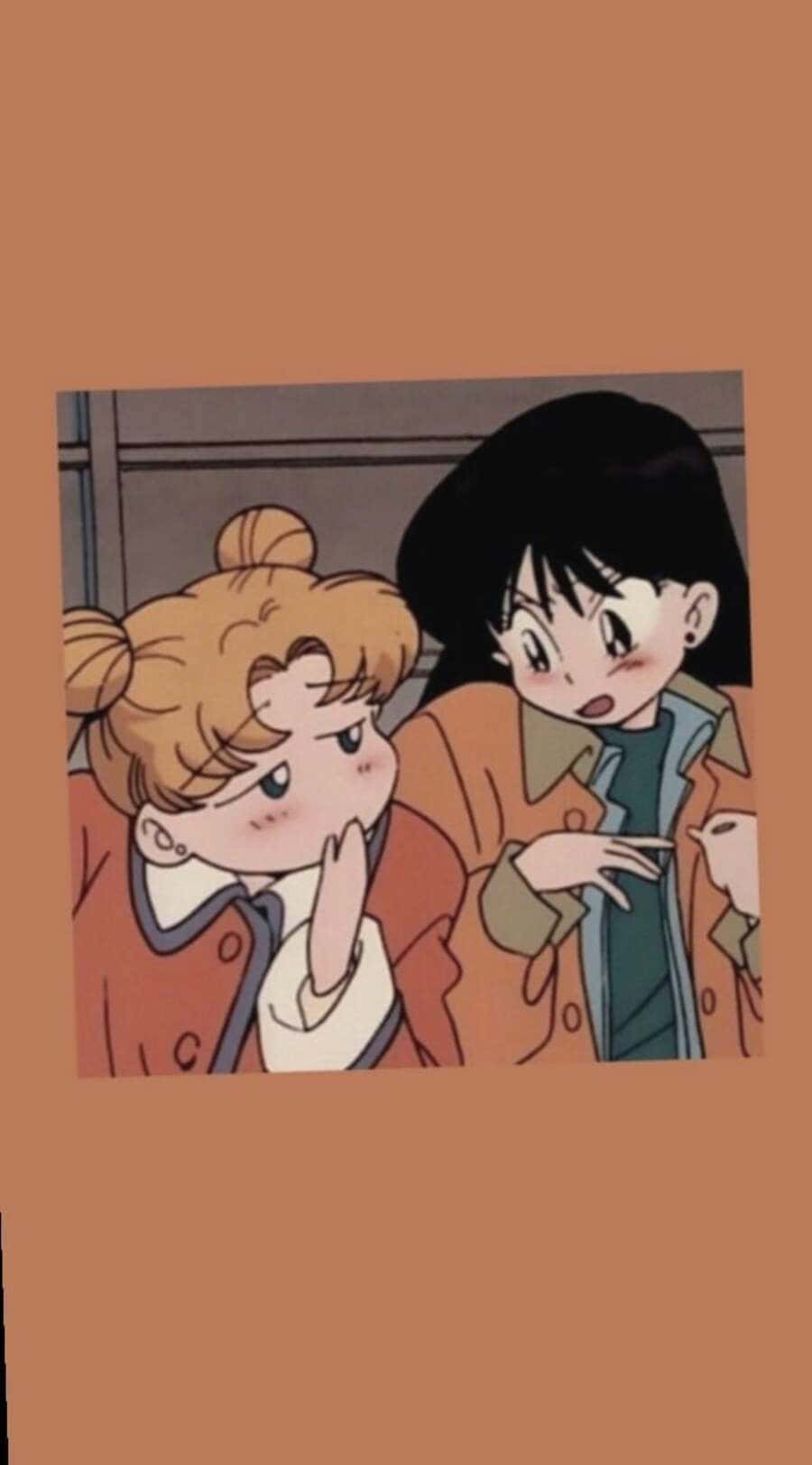 Vintage Cartoon Aesthetic 桌布 壁紙 — 兩個穿著橙色外套的動漫女孩在火車上分享秘密，臉頰泛紅，眼睛睜大。