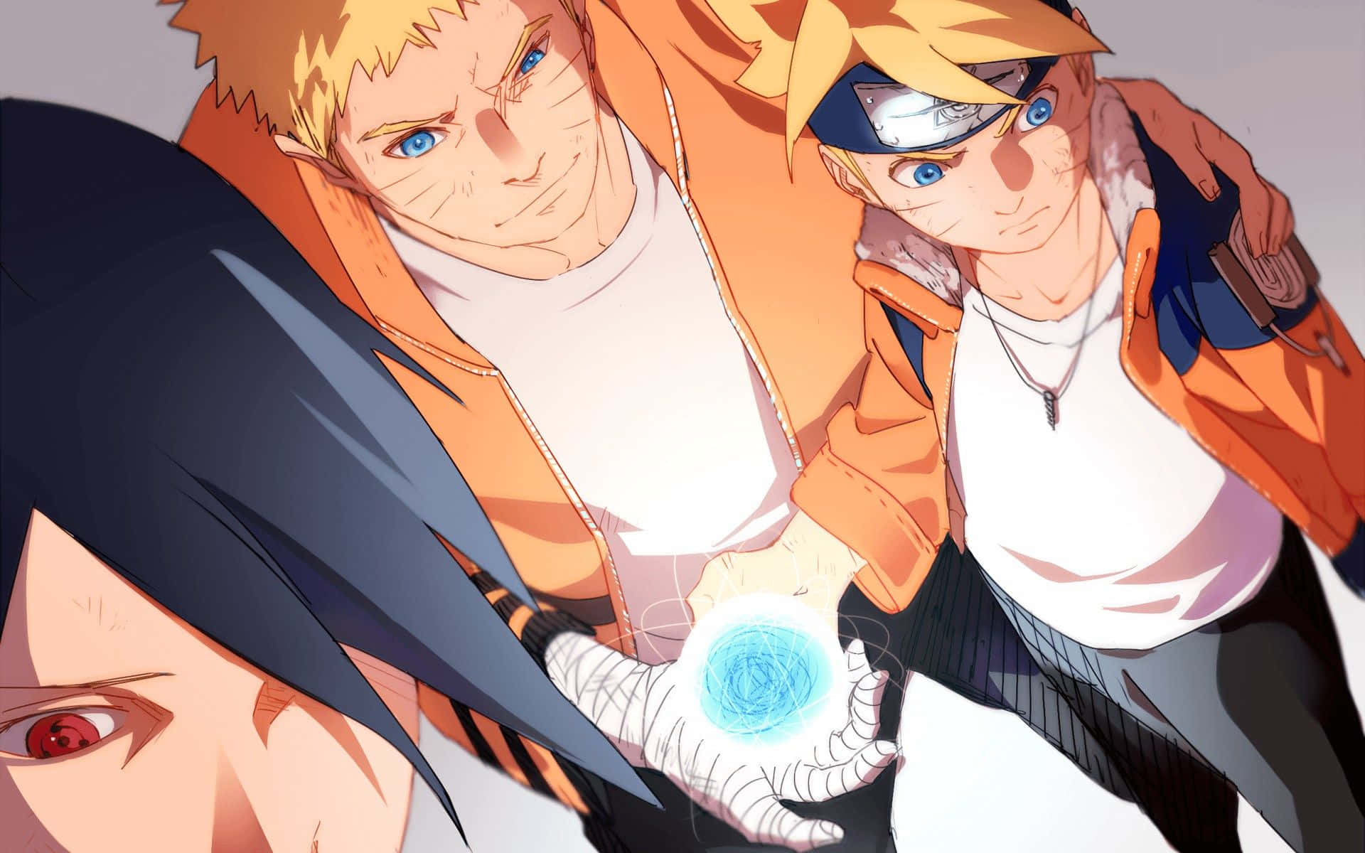 Boruto And Naruto 桌布 壁紙 — 兩個穿著橙色外套的動畫男孩拿著一個發光的藍色球體，而第三個紅眼角色從下方窺視。