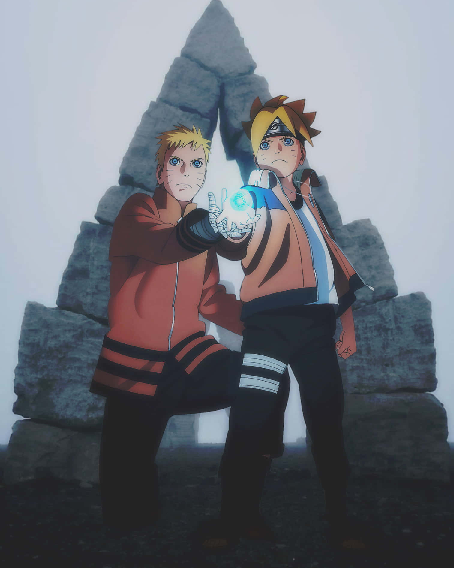 Boruto And Naruto 桌布 壁紙 — 兩個穿著橙色外套的動畫男孩站在石頭金字塔前，一起拿著一個發光的藍色球體。