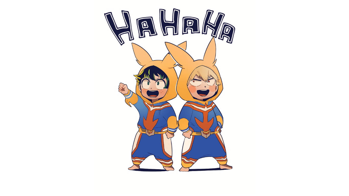 Hahaha 桌布 壁紙 — 兩個穿著橙色狐狸服裝的動漫角色在他們上方有「HAHAHA」文字，開心大笑。