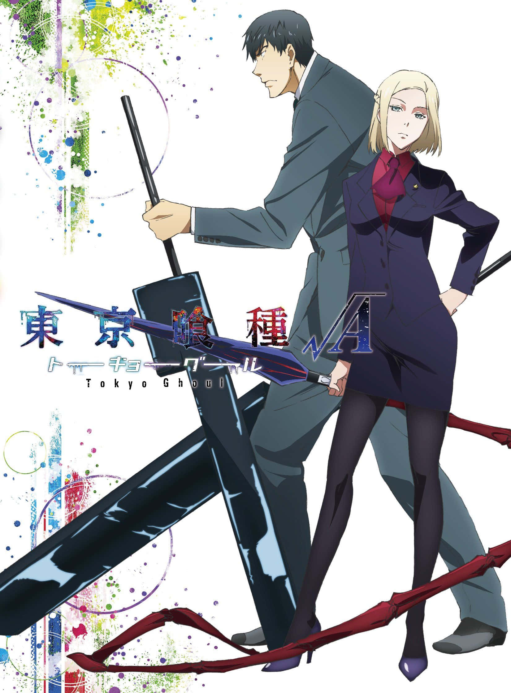 Kureo Mado 桌布 壁紙 — 兩個穿著正式服裝的動漫角色，在充滿活力的抽象潑濺背景前，手持大型武器擺出姿勢。