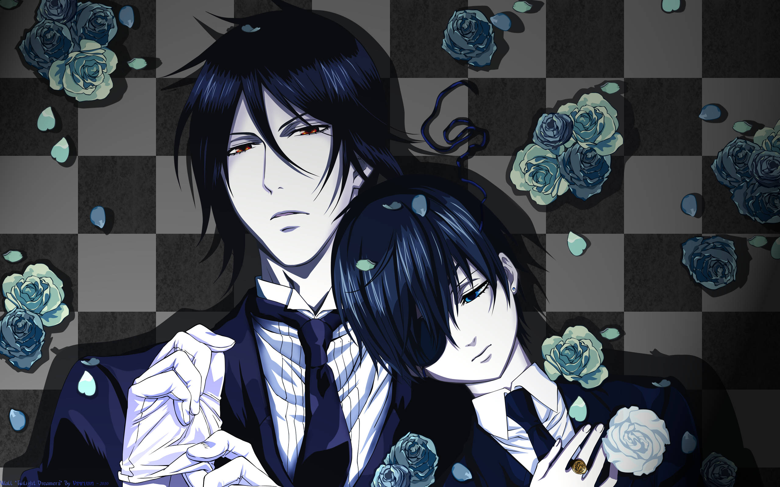 Black Butler 桌布 壁紙 — 兩個穿著正式服裝的動漫角色在格子背景前擁抱，背景點綴著藍色玫瑰和花瓣。